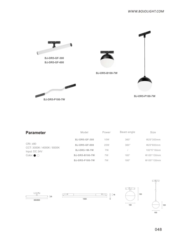 Model & Form Factor - Minute Series DR5 T-Bar Tube, Wave & Globe Pendant Lights (24V) - BJ-DR5-P100-7W (7W Pendant Globe / Φ100*130mm)