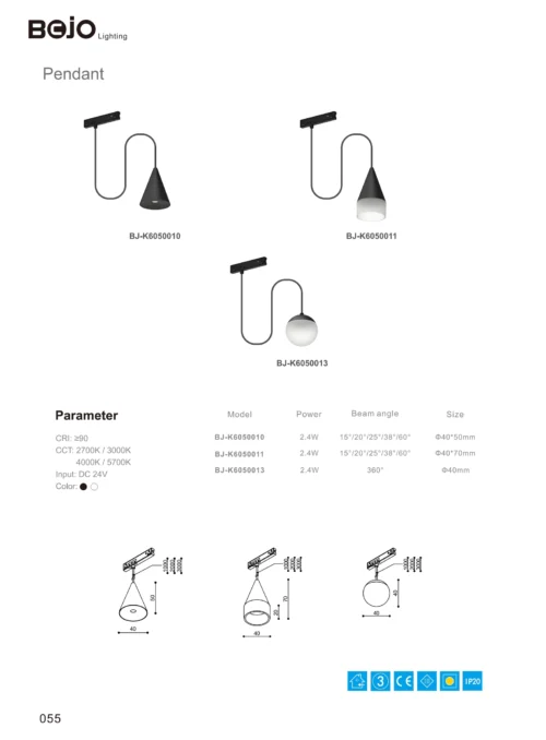 Pendant Style & Size - Tiny Series 11mm Conical & Spherical Glass Globe Pendants (24V) - BJ-K6050013 (2.4W Spherical Glass Globe 360° / Φ40mm)