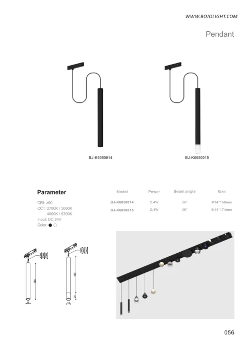 Model & Specification - Tiny Series 11mm Slim Cylinder Tube Magnetic Pendants (24V) - BJ-K6050015 (2.4W Slim Tube with Acrylic Base 36° / Φ14*174mm)